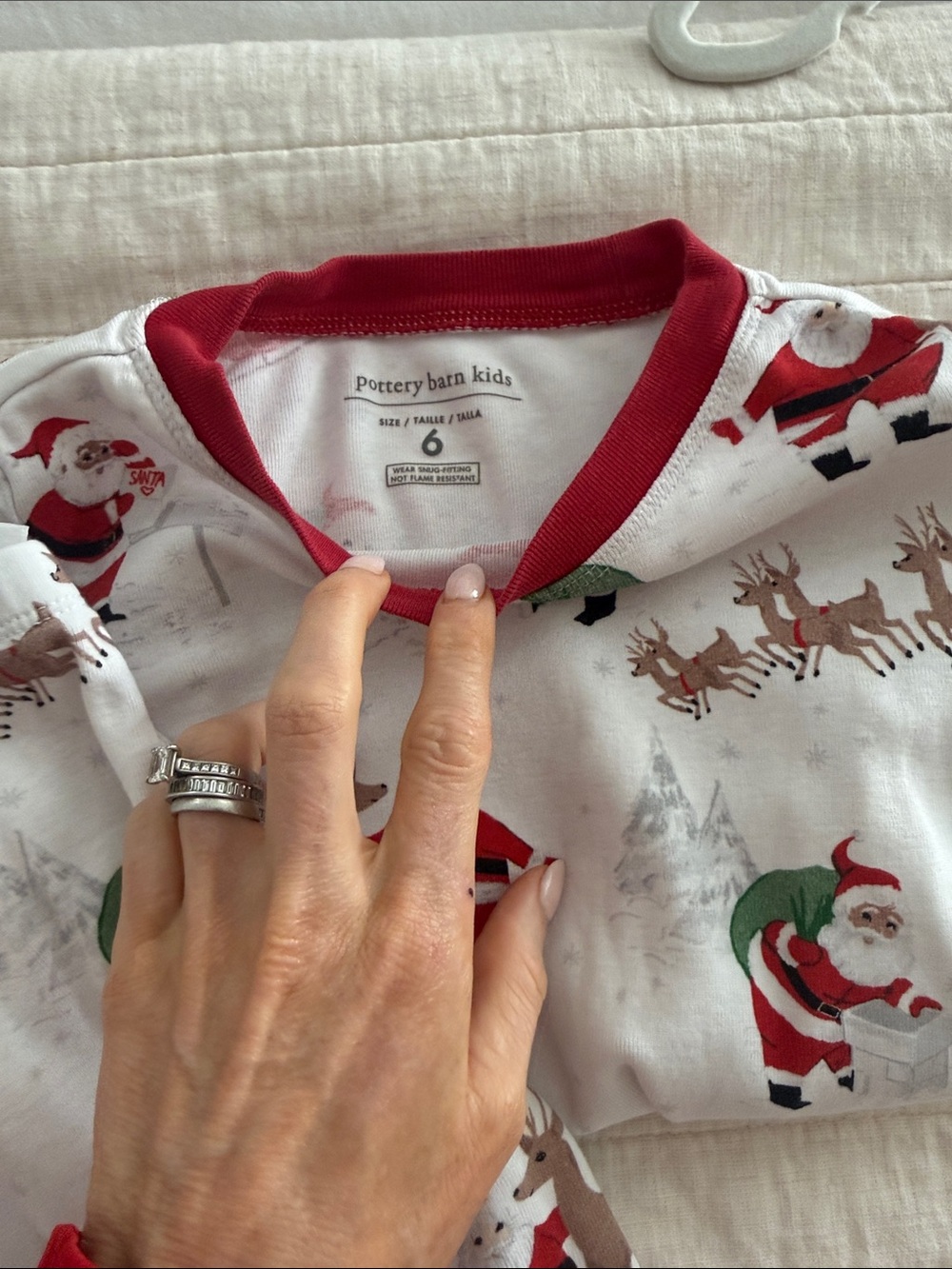 Pottery Barn Kids White Santa & Reindeer Pajama Top with Red Trim